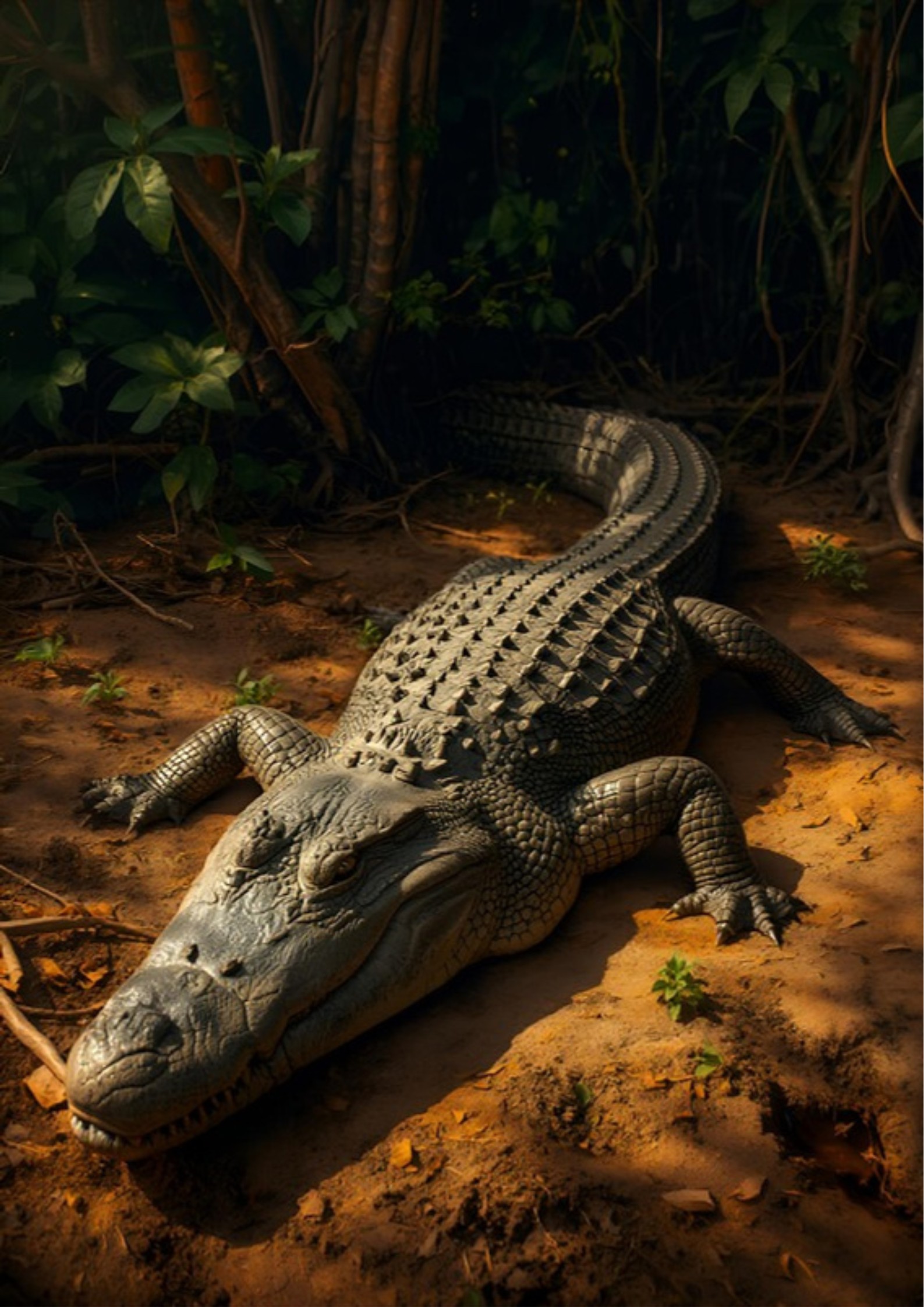 Mugger crocodile sunbathing on a sandy riverbank