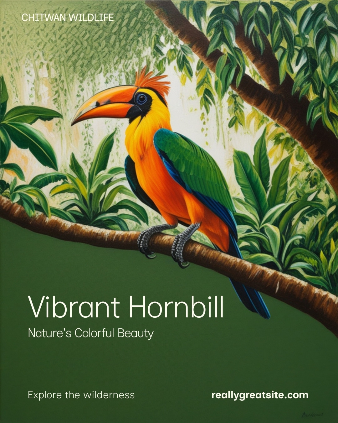 Vibrant native hornbill bird perched in a jungle tree
